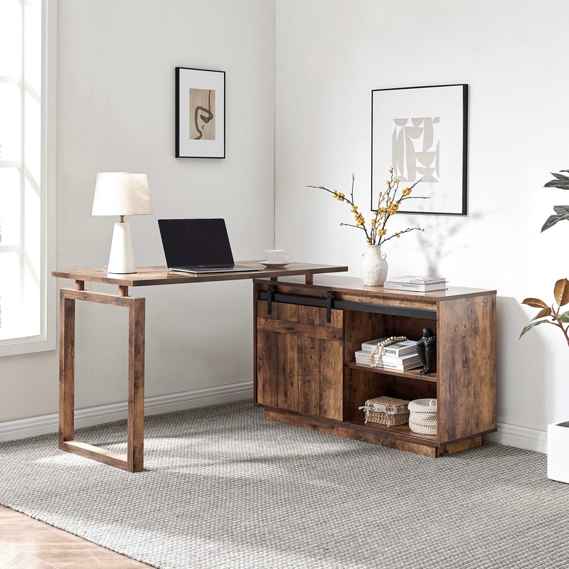 Credenza Office Storage - L-Shaped Desk with Credenza Storage and